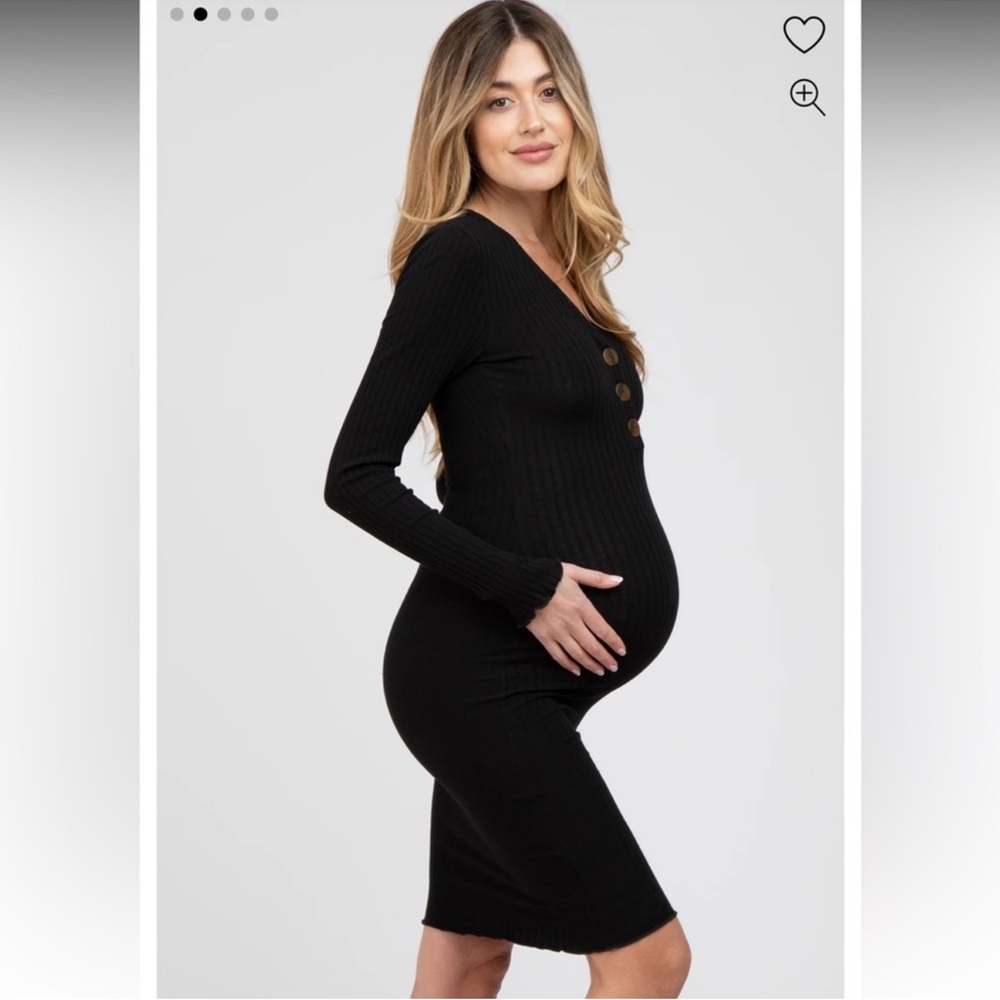 PINK BLUSH HEART AND HIPS BLACK RIBBED V NECK BUTTON DRESS